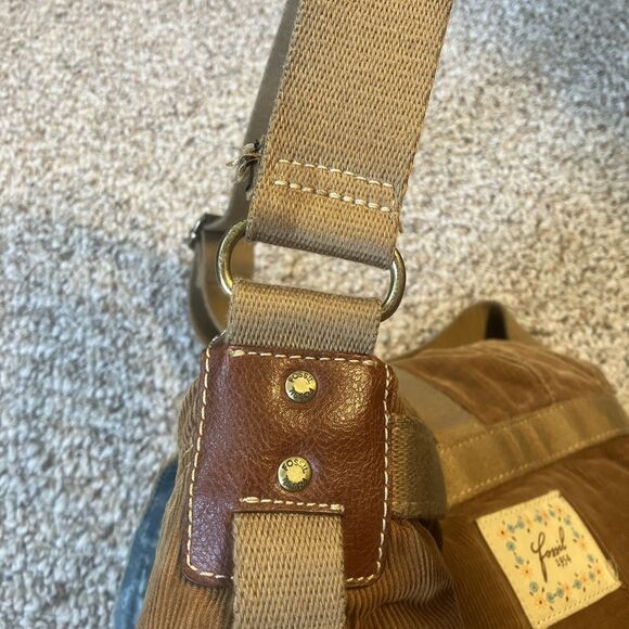 Fossil Brown Corduroy Crossbody Messenger Handbag Adjustable Strap Y2K Purse - Picture 5 of 15